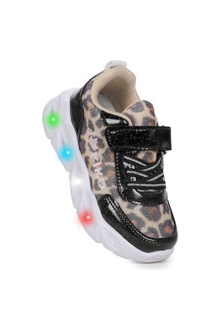 Kiko Kids Teno Leopar Desenli Cırtlı Işıklı Kız Bebek Spor Ayakkabı Siyah