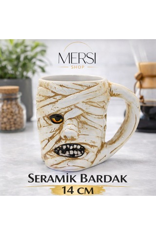 Antik Mısır Mumya Figürlü 3d Kabartmalı Seramik Kupa Bardak Dekoratif Kahve Çay Kupası Beyaz