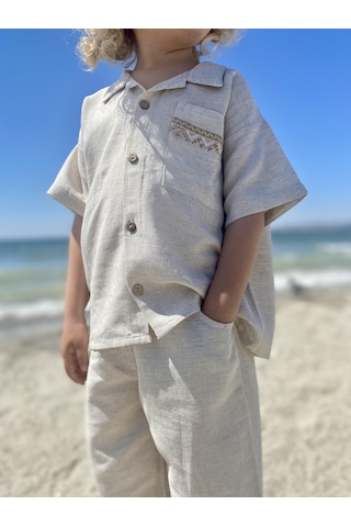 Cebi Nakışlı Gömlek Pantolon Keten Erkek Çocuk Takım Natural