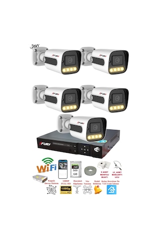 Fury 5 Kameralı Su Geçirmez 1080p 4 X Ultra Ledli Gece Renkli Güvenlik Kamera Seti 5500 500gb