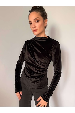 Ali Butik Siyah Balıkçı Yaka Kadife Bluz Siyah
