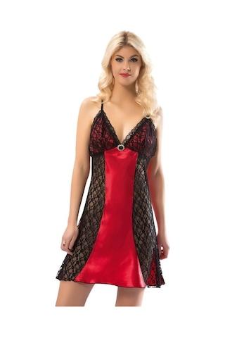 Sistina Bayan Kırmızı Siyah Dantelli Saten Kısa Gecelik M-373 Siyah