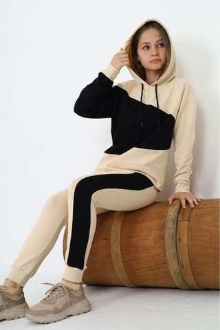 Kız Çocuk %100 Pamuk Garnili Kapüşonlu Uzun Kol Alt&üst Eşofman Takım-eşt-0018 KREM