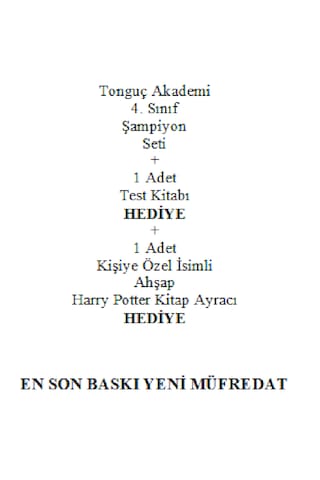 Tonguç Akademi 4. Sınıf Şampiyon Seti En Son Baskı Yeni + Test Kitabı Hediye + Kişiye Özel İsimli Ahşap Harry Potter Kitap Ayracı Hediye