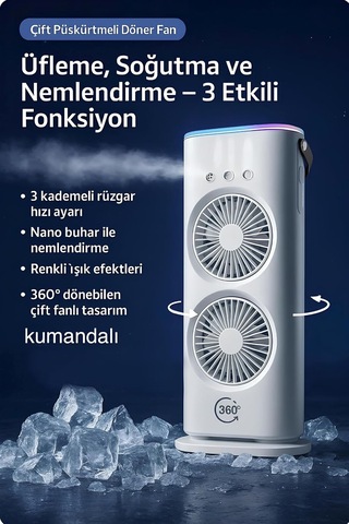 Şarjlı Spreyli Buzlu Fan Vantilatör / Çift Fanlı Buharlı Hava Soğutucu / 120ml / Kumandalı / Salınım Özelliğ