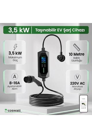 Coswatt Taşınabilir EV Şarj Cihazı CS-P1-16A / 3.5kW / 10m / Türkçe / 220V AC / Tip-2 / 2x16A Ev Tipi Fiş / Çanta