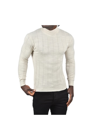 Deepsea Erkek Bej Slim Fit Likralı Tüylenme Yapmayan Yarım Balıkçı Çizgili Triko Yarım Boğazlı Kazak 2505503 Bej