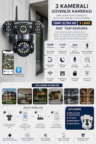 AR-113W 3 Kameralı 15MP Ultra Hd Wifi Güvenlik Kamerası Ptz 360° Hareketli Çift Yönlü Ses Gece Görüşlü Akıllı Ip Kamera