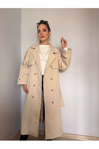 Ali Butik Krem Kol Detaylı Premium Kaşe Kaban Krem
