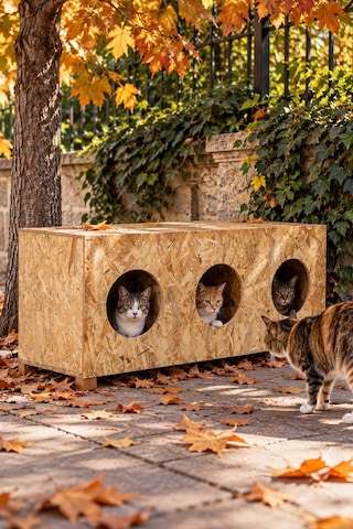 Reyo 3 Bölmeli Kedi Evi, 93x41x39 cm Ahşap Kedi Barınağı, Suya ve Rüzgara Dayanıklı OSB Sokak Kedileri İçin Kedi Yuvası Cat11