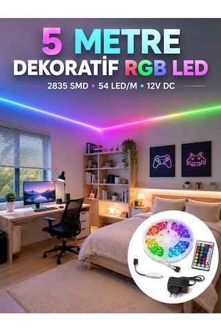 5 Metre Rgb Şerit Led 2835 Smd 54 Led/m Uzaktan Kumandalı Dekoratif Aydınlatma 1