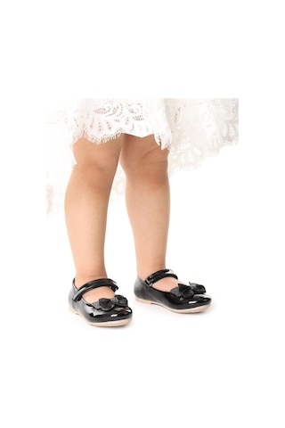 Kiko Kids Taşlı Cırtlı Kız Çocuk Fiyonklu Babet Ayakkabı Ege 204 Rugan Siyah