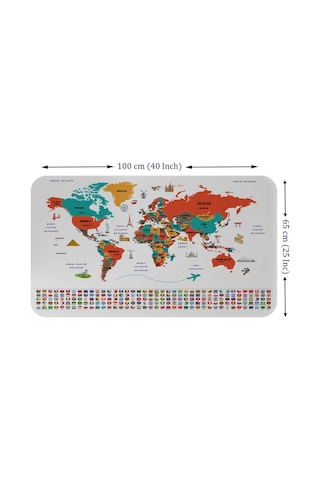 Türkçe Ülke Bayrak Lı Eğitici Başkent Detaylı Atlası Dünya Haritası Duvar Sticker -60x105-3858 Çok Renkli