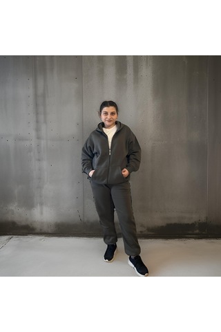 Ceyss Design Unisex Üç İplik Şardonlu Kapüşonlu Hırkalı Eşofman Takımı-haki Haki