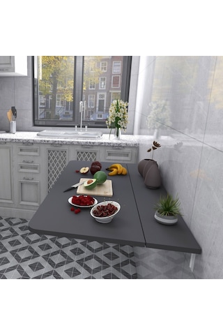 60x110 Cm Antrasit Sabit Raflı Duvara Monte Kırma Katlanır Masa