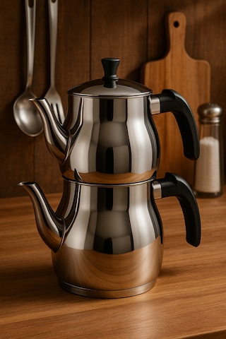 Yunusoğlu Home Klasik Çaydanlık Takımı 0,8l Demlik 1,25l Alt Demlik Paslanmaz Çelik Soğuk Tutma Saplı Gri