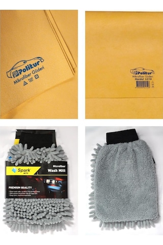 Polikur 3219 Mikrofiber Güderi Oto Kurulama Bezi & Spark 7050 Şönil Oto Temizlik Eldiveni 2'li Set