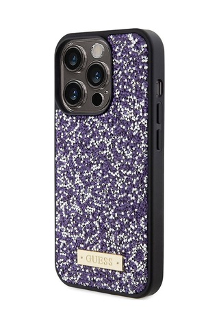 Apple Uyumlu iPhone 15 Pro Kılıf Guess Lisanslı Taşlı Arka Yüzey Metal Yazı Logolu Kapak Siyah