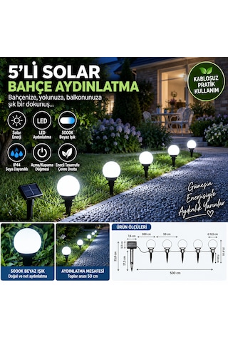 5 Li Solar Bahçe Aydınlatma Led Küre Seti Güneş Enerjili Dekoratif Işık Saplamalı & Asılabilir