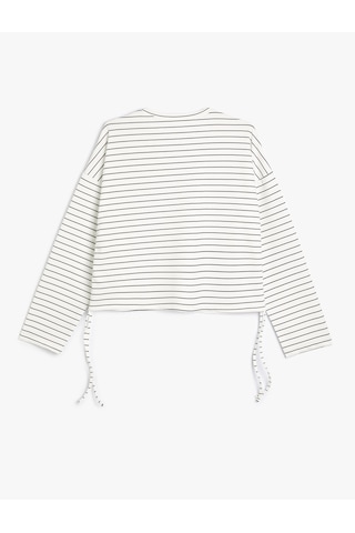 Koton Crop Sweatshirt Yanları Bağlama Detaylı Bisiklet Yaka Rahat Kalıp Ekru Çizgili 5wal10033ık Ekru