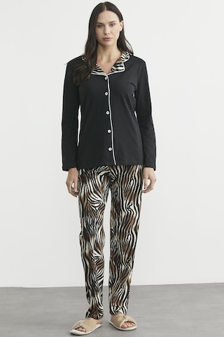 Desen Kombinli Düğmeli Pijama Takım - Siyah Siyah