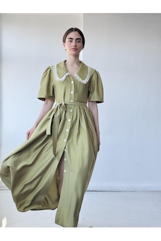 Retrobird 1950'li Yılların Tasarımı Dantelli Betty Maxi Uzun Elbise Kadın Çağla-13916 Çağla Yeşili