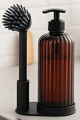 Mutfak Banyo 2 Li Temizlik Seti, Sıvı Sabunluk Deterjanlık 500ml + Silikon Uçlu Bulaşık Fırçası Seti Antrasit