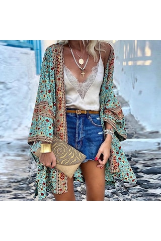 Kadın Günlük Önü Açık Hırka Tatil Plaj Bikini Cover Up Yaz Kimono Yeşil