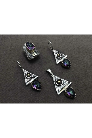 Mistik Topaz Taşlı Otantik Kadın Gümüş Üçlü Set