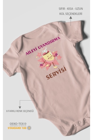 Aileyi Uyandırma Servisi Baskılı Bebek Zıbını Çıtçıtlı Body %100 Pamuk Kısa Kol Pastel Pembe