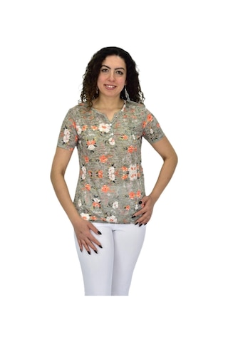 Kadın Kısa Kol Baskılı Bluz Bgl-st04688 Haki