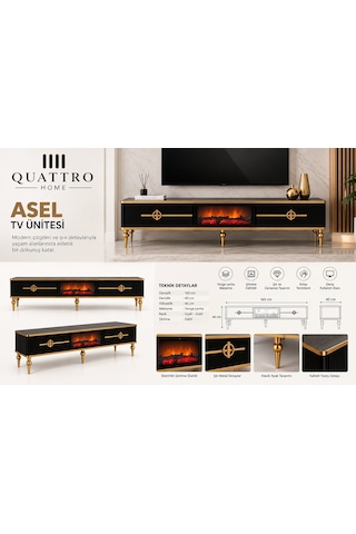 Asel Şömineli Tv Ünitesi Siyah Gold Detaylı Modern Tasarım 160 Cm