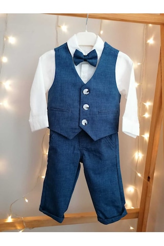 Concept Kids Papyonlu Yelekli Bej 4'lü Klasik Erkek Bebek Takım Özel Gün Kıyafeti Düğün Bebek Hediyesi Lacivert