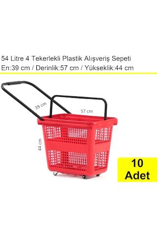 4 Tekerlek Plastik Alışveriş El Sepeti 54 Litre Kırmızı 10 Adet / En:42 Boy:54 Yükseklik:44 Cm
