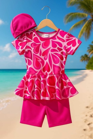 Üç Parça Kız Çocuk Boneli Mayo Koyu Pembe