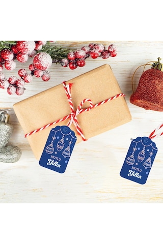 Yılbaşı Mutlu Yıllar Yazılı Hediye Etiketi, Delikli, Küre Desenli