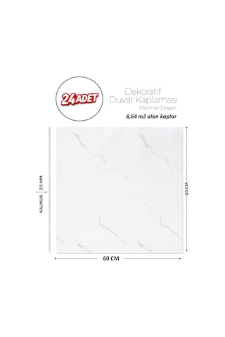 60x60 Cm Kendinden Yapışkanlı Duvar,banyo,tezgah Arası Beyaz Mermer-24 Adet Lls014-60-24