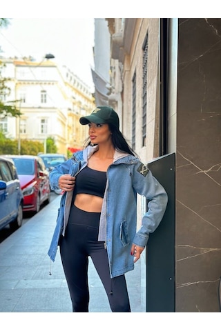 Kadın Ek Parça Kapüşon Kol Arma Detay Gabardin Ceket Mavi