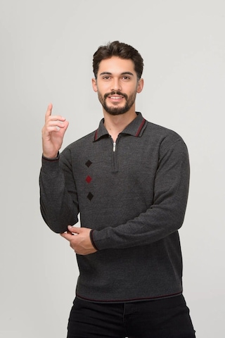 Kamalı Erkek Çelik Örgü Intarsia Gofra Desen Fermuarlı Polo Yaka Tüylenmez Premium Triko Kışlık Baba Kazak Gri