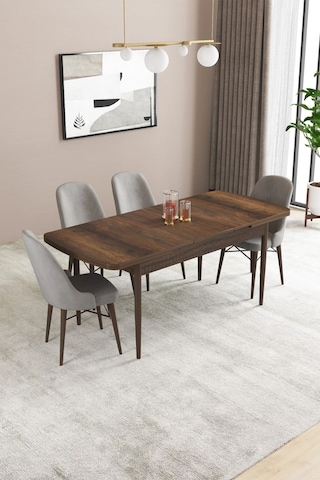 Sar Pakete Almira Serisi, Barok Ahşap Desen 80x132 Açılabilir Mdf Mutfak Masası Takımı 4 Adet Sandalye Gri