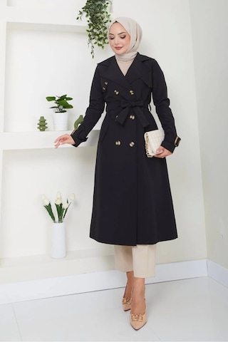 Pamuklu Bondit Kumaş Trençkot / M0105 - Siyah Siyah