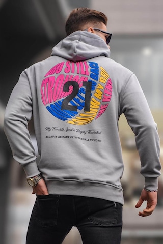 Madmext Boyalı Gri Kabartma Baskılı Kapüşonlu Sweatshirt 6042 Boyalı Gri