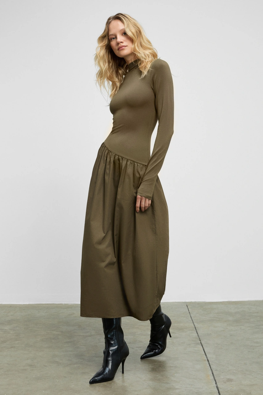 Grımelange Pantı Kadın Üstü Ribana Eteği Poplin Vücuda Oturan Haki Elbise Haki