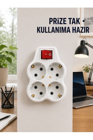 Anahtarlı 4 Lü Priz Adaptörü Direkt Prize Takılan Kompakt Priz Çoklayıcı 0