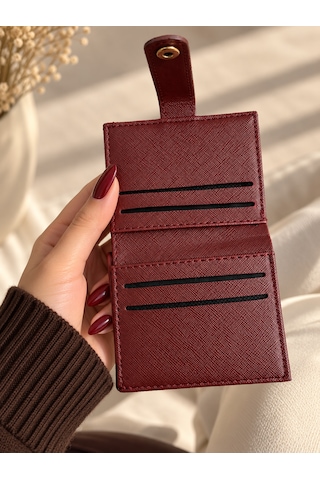 Elpida Bags Kadın Siyah Deri Görünümlü Çok Bölmeli Çıtçıtlı Kartlık & Cüzdan Bordo
