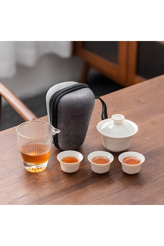 Seramik Seyahat Gaiwan Kungfu Çay Seti, Çin Beyaz Porselen Çay Kase Seti, Mat Ve Demlik İle, Ev İşletmesi Dış Mekan Otel İçin Taşınabilir Beyaz