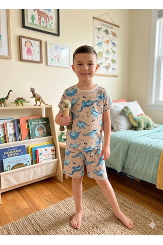 Aliş Kids Erkek Çocuk Pamuklu Bej Rengi Dinozor Desenli Kısa Kollu Şortlu Yazlık Pijama Takımı Bej Mavi