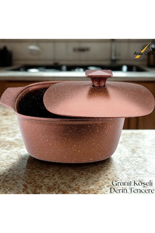 Katre 20 Cm Granit Köşeli Derin Tencere Alüminyum Kapak - Koyu Bakır