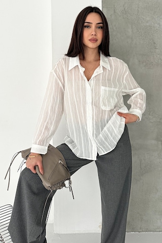 Sim Detaylı Kırışık Görünüm Oversize Gömlek Breeze Beyaz