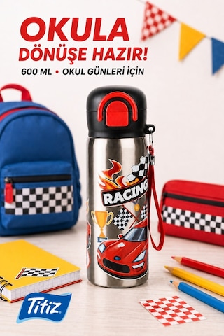 Siply Desenli Paslanmaz Çelik Okul Matarası 600ml Siyah